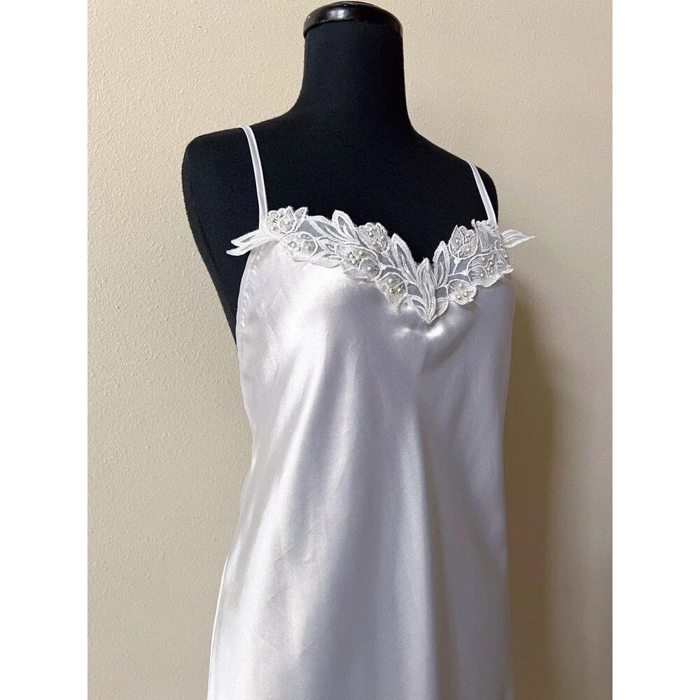 VTG Faris White Satin Slip Dress Large Maxi Open Back Bridal Lingerie 90s USA
